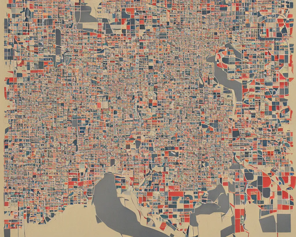 Prompt: abstract illustrated map of Washington, D.C. by Hasui Kawase, Mark Rothko, and Lyonel Feininger