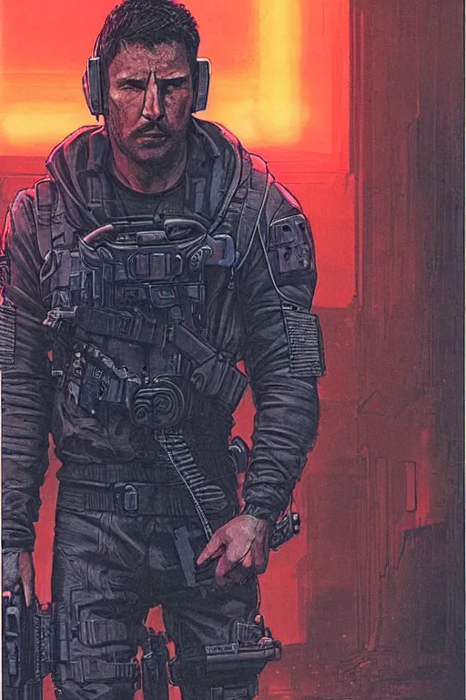 Image similar to Hector. confident blackops mercenary in tactical gear and cyberpunk headset. Blade Runner 2049. concept art by James Gurney and Mœbius.