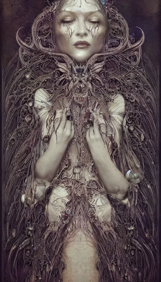 Image similar to wet plate photography of goddess with one wing reaching infinity and hungry souls around surrealistic intricate face, broken parts by klimt, artificial nightmares drawn by peter mohrbacher, zdzisław beksinski and thu berchs james gurney unreal engine octane, trending on artstation.