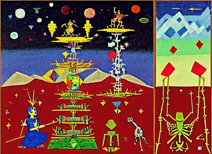 Image similar to pixel decollage painting tarot lovers card composition tower of babel road red armor maggot bear and wonky alien frog skeleton knight on a horse in a dark red cloudy night sky with golden foil jewish stars and diamonds, mountain lake and blossoming field in background, painted by Mark Rothko, Helen Frankenthaler, Danny Fox and Hilma af Klint, pixelated, neo expressionism, semi naive, pastel colors, cinematic, color field painting, cave painting, voxel, pop art look, outsider art, minimalistic. Bill Traylor painting, part by Philip Guston, Amano and Francis Bacon. art by Adrian Ghenie, very coherent symmetrical artwork, cinematic, hyper realism, high detail, octane render, unreal engine, Smooth gradients, depth of field, full body character drawing, extremely detailed, 8k, extreme detail, intricate detail, masterpiece