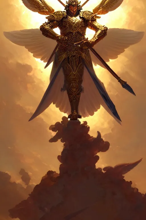 Prompt: dynamic fullbody portrait of a powerful magical warrior screaming to the sky, armed with elaborate spear, angelic wings, golden armor, well lit, by greg rutkowski and gaston bussiere and craig mullins and j. c. leyendecker, volumetric lighting, hd, 2