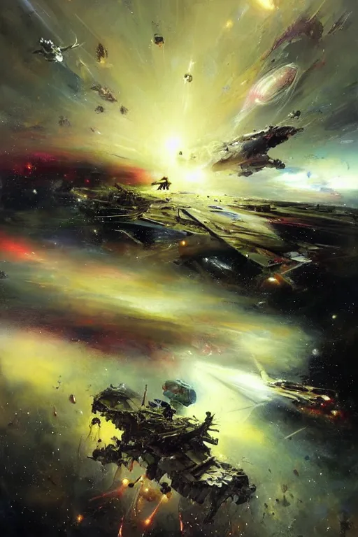 Prompt: no army is big enough to conquer the galaxy. but faith alone can overturn the universe., by ryohei hase, by john berkey, by jakub rozalski, by john martin