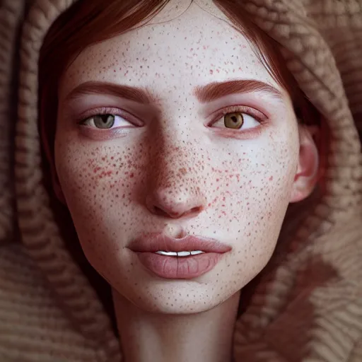 Prompt: portrait of a cute thin young woman, red blush, cute freckles wearing casual clothes, small smile, relaxing on a couch, cozy under a blanket, cozy living room, close up shot, 8 k, art by diego fazio and irakli nadar and ron mueck, hyperrealism, hyperdetailed, ultra realistic