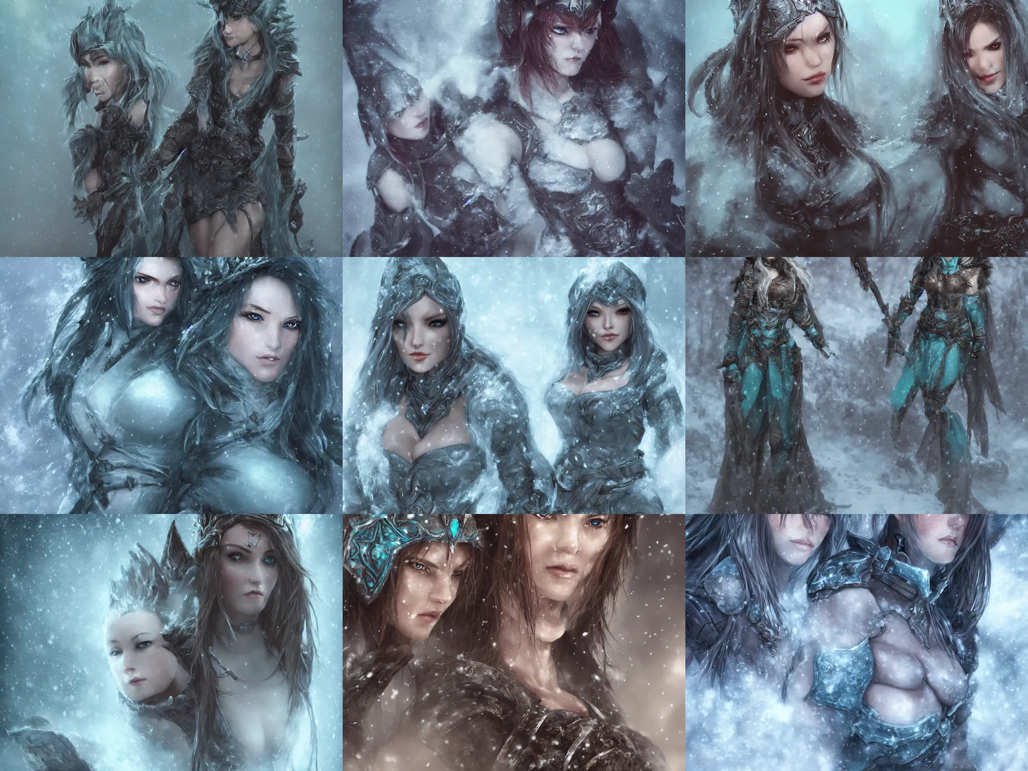 Prompt: womanly fantasy hunter in icewind dale, falling snow, perfect symmetrical facial features, perfect face, beautiful features, fine details, soft focus, symmetrical, highly detailed, 4 k, cinematic, misty, fog, masterpiece, teal palette, curvy and bow, finely masked