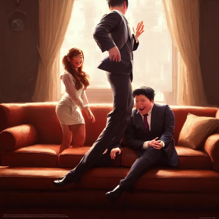 Image similar to portrait of michael mcintyre leaving on a sofa with a singing waitress, elegant, real life skin, intricate artwork, high detailed, artstation, concept art, smooth, sharpz focus, art by artgerm and greg rutkowski