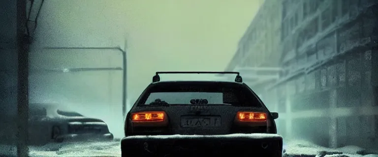 Image similar to Audi A4 B6 Avant (2002), a gritty neo-noir, dramatic lighting, cinematic, eerie person silhouette, death, homicide, homicide in the snow, gunshots, establishing shot, extremely high detail, photorealistic, cinematic lighting, artstation, by simon stalenhag, Max Payne (PC) (2001) winter new york at night, Max Payne 2 graphic novel style, flashing lights, Poets of the Fall - Late Goodbye