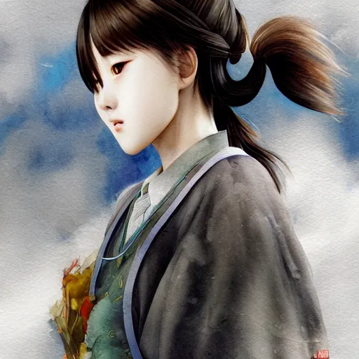 Image similar to dynamic composition, motion, ultra-detailed, amazing details, colorful and grayish palette, HD semirealistic anime CG concept art digital painting, watercolor oil painting of a Japanese schoolgirl, by a Chinese artist at ArtStation, by Huang Guangjian, Fenghua Zhong, Ruan Jia, Xin Jin and Wei Chang. Realistic artwork of a Chinese videogame, gradients, gentle an harmonic grayish colors.