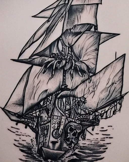 Image similar to A tattoo design on paper of a pirate ship, on paper, black and white, highly detailed tattoo, realistic tattoo, realism tattoo, beautiful shades