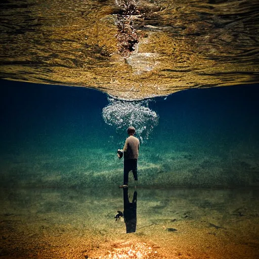 Prompt: top down photograph looking into a puddle, a shriveled old man is staring up from under the surface of the water