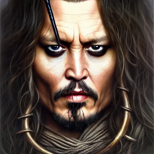 Prompt: wideangle!! portrait shot johnny depp dressed as aragorn, intricate, elegant, highly detailed, centered, digital painting, artstation, concept art, smooth, sharp focus, illustration, artgerm, tomasz alen kopera, peter mohrbacher, donato giancola, joseph christian leyendecker, wlop, boris vallejo