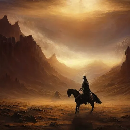 Prompt: ''cinematic shot'' a dark hooded mage on a horse riding to the battle leading his army of undead casper david friedrich raphael lacoste vladimir kush leis royo volumetric light effect broad light oil painting painting fantasy art style sci - fi art style realism artwork unreal engine