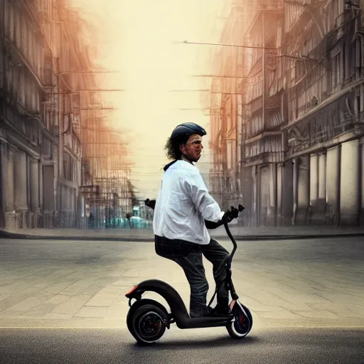 Image similar to Albert Einstein rides an electric scooter , moody, beautiful composition, hyper detailed, insane details , 8K