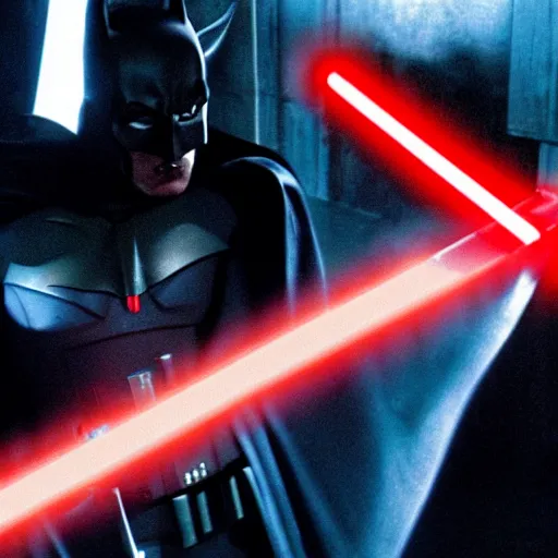 Prompt: hd photograph movie still of batman wielding a red lightsaber in star wars 2 0 0 5