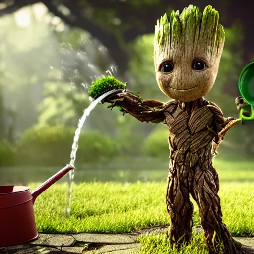 Image similar to photorealistic shot of Groot watering The earth with a watering can, octane render, unreal engine 4k, volumetric light, fog, detailed,