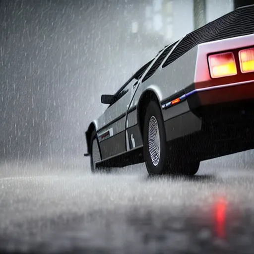 Image similar to hyperdetailed, photorealistic photograph of a dmc 1 2 delorean driving in the streets, rain, night, dense fog, hd, unreal engine 5