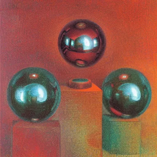 Image similar to chrome spheres on a red cube by jean delville