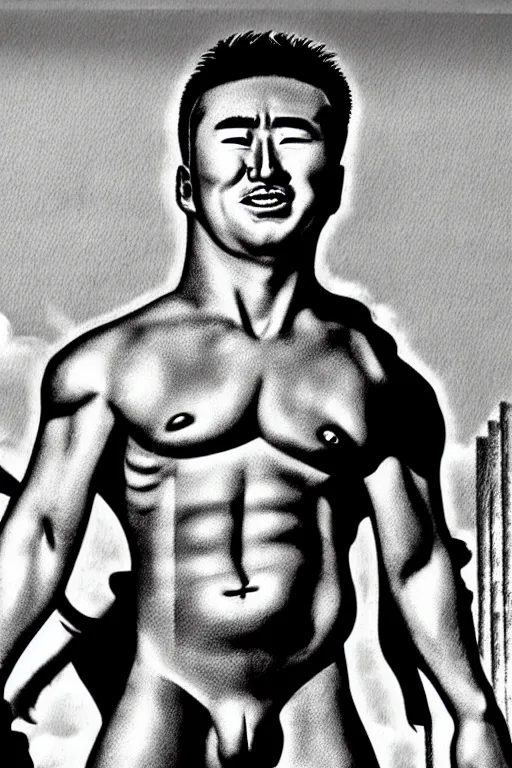 Image similar to hyperrealism billy herrington as north korean kim chen photography in style of alejandro jodorowsky and giger and araki nobuyoshi