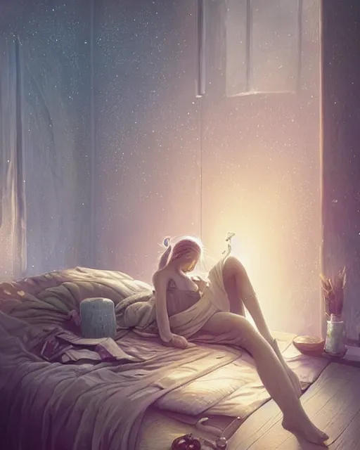 Image similar to beautiful painting of a elven sleeping on a bedroom, poster art by mor than, cgsociety, space art, sci - fi, cosmic horror, sense of awe, art by mike winkelmann, sky night, illustration, highly detailed, simple, smooth and clean vector curves, no jagged lines, vector art, smooth, artstation