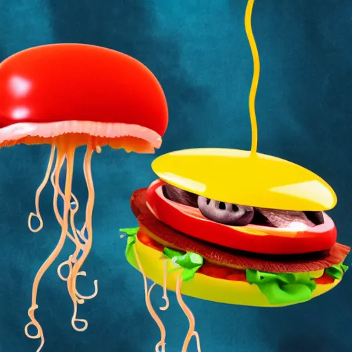 Image similar to hamburger mix jellyfish, cg, 8 k, super real, sharp focus, style by andy warhol