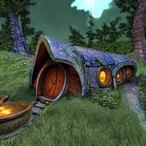 Image similar to hobbit house as a scene from quake 3, digital art