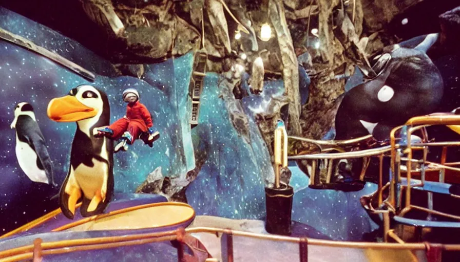 Prompt: 1990s photo of inside the Wild Space Penguin ride at Universal Studios in Orlando, Florida, riding a Penguin through space , cinematic, UHD