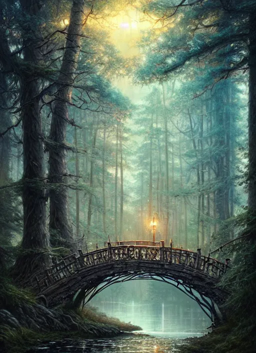Prompt: old bridge, fantasy forest landscape, fantasy magic, light night, intricate, elegant, sharp focus, illustration, highly detailed, digital painting, concept art, matte, art by wlop and artgerm and ivan shishkin and andrey shishkin, masterpiece