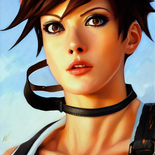 Image similar to oil painting of tracer overwatch in a field wearing very large black leather belt choker collar around neck, in style of mark arian, expressive face, very detailed face, very detailed eyes, belt around neck, full body, feminine face, tracer overwatch,