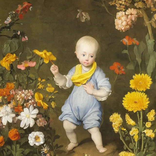 Image similar to a painting of flowers in a garden at night, blond baby with gray eyes with a blue scarf yellow t - shirt, a flemish baroque by jan van kessel the younger, intricate high detail masterpiece