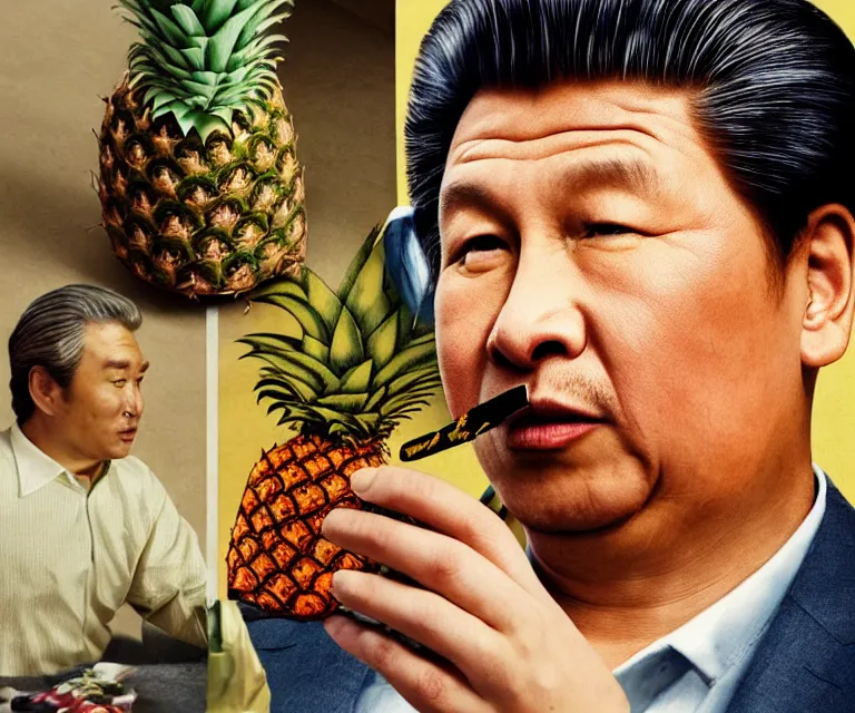 Image similar to hyperralism pineapple express movie still photography of real detailed xi jinping with detailed face smoking detailed weed in detailed basement bedroom with winnie the pooh hyperrealism photography by araki nobuyoshi