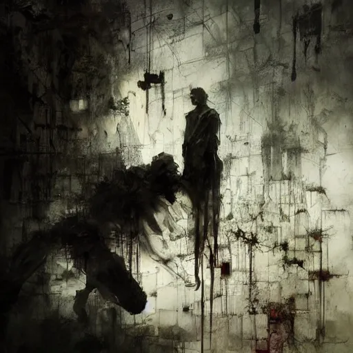 Image similar to man stealing dreams from another man by emil melmoth zdzislaw belsinki craig mullins yoji shinkawa realistic render ominous detailed photo atmospheric by jeremy mann francis bacon and agnes cecile ink drips paint smears digital glitches glitchart