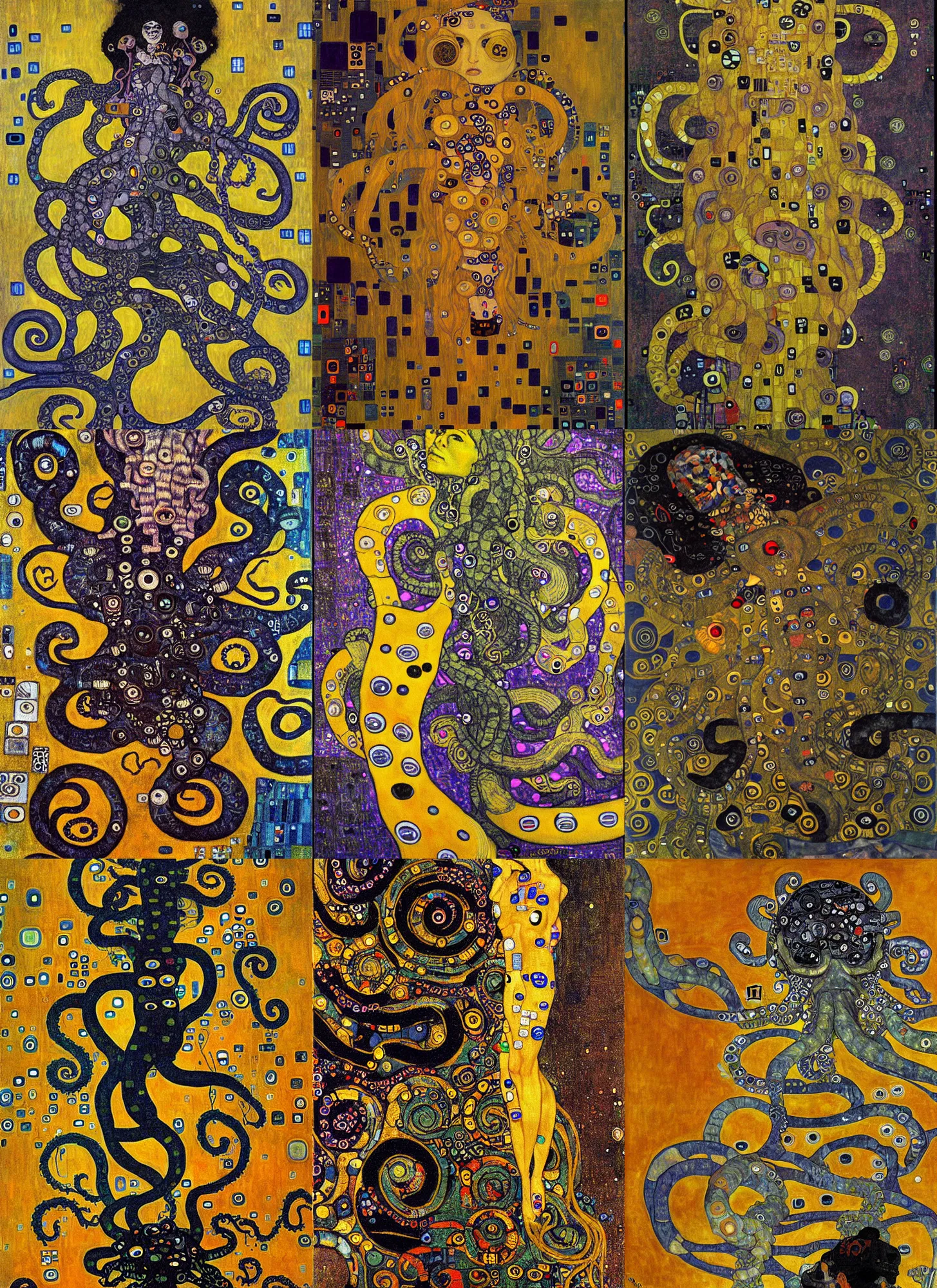 Prompt: A cyberpunk kraken painted by Gustav Klimt