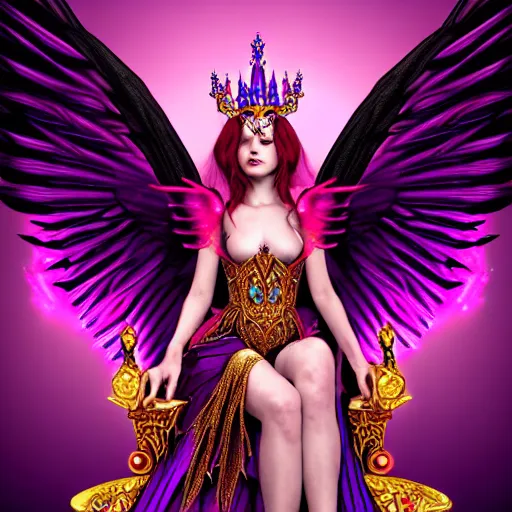 Image similar to Princess sorceress with red flaming bird wings on her back and sitting on an ornate throne dressed in a fancy purple dress, beautiful face, Fantasy, Full Portrait, High detail, realistic, planeswalker