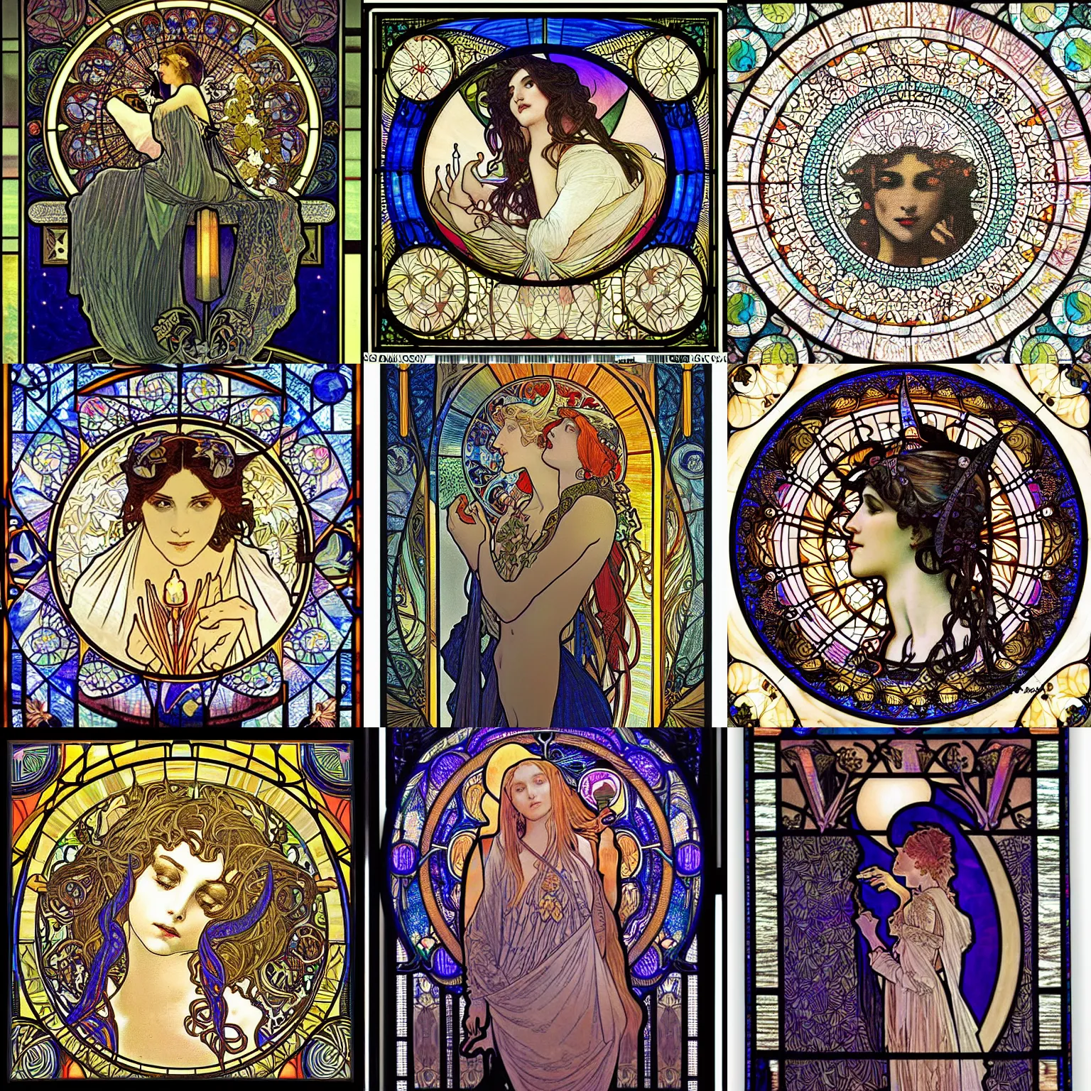 Prompt: night with moon and candle, by alphonse mucha and alex grey, intricate stained glass