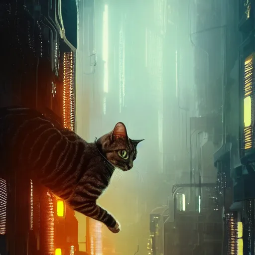 Prompt: professional photo of cyborg cat, cyberpunk background, blade runner, hyperrealistic masterpiece, trending on artstation, cgsociety, kodakchrome, golden ratio, cinematic, composition, beautiful lighting, hyper detailed, sharp focus, octane render, 4 k, unreal engine