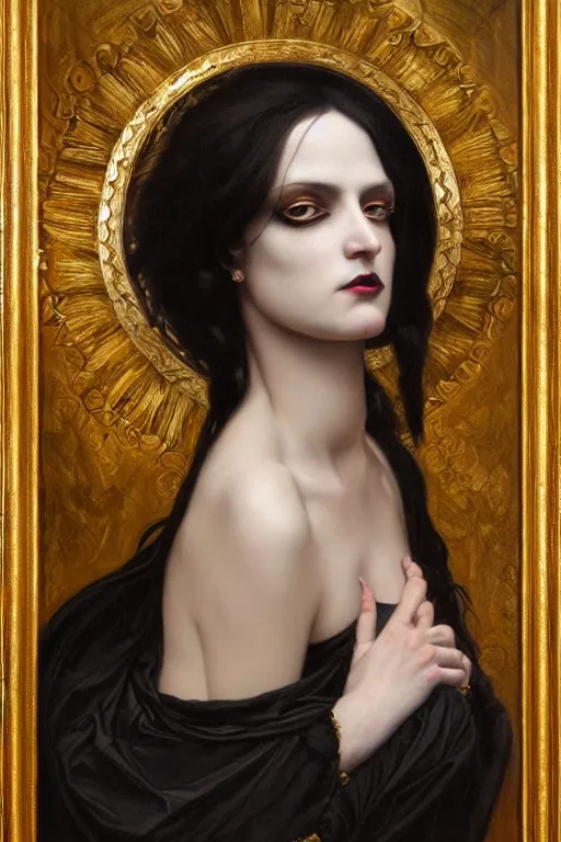 Image similar to hyper realistic painting portrait of goth queen, occult diagram, elaborate details, detailed face, intrincate ornaments, gold decoration, occult art, oil painting, art noveau, in the style of roberto ferri, gustav moreau, jean delville, bussiere, andrew gonzalez