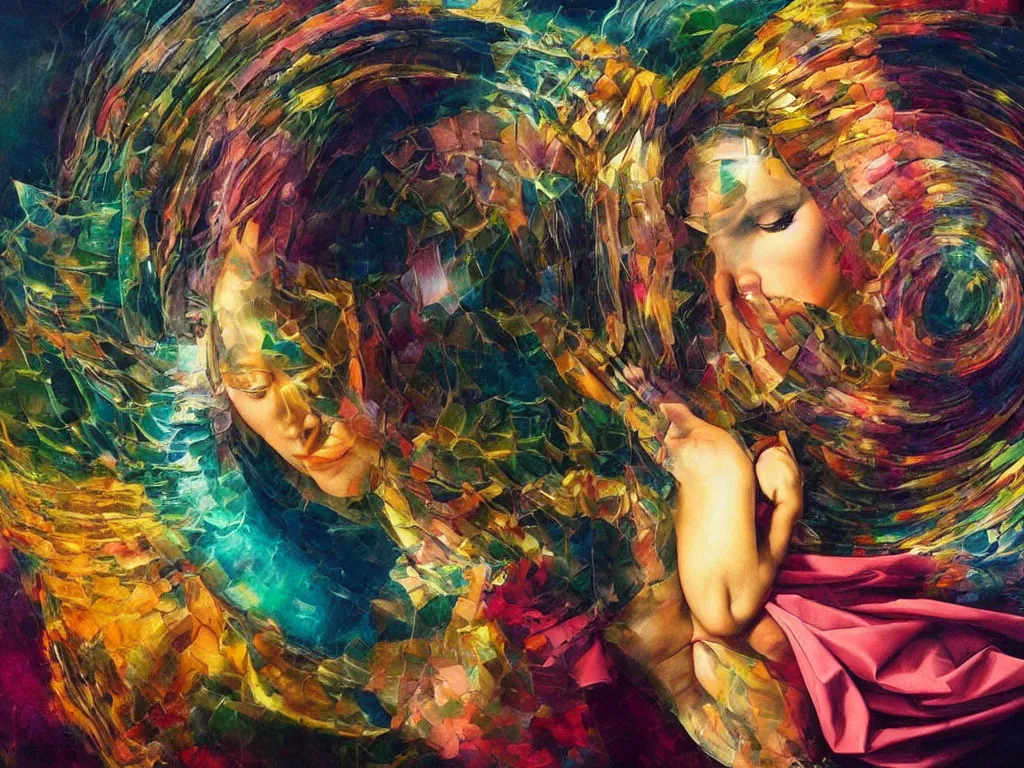 Prompt: hyperrealistic still life painting of a calm goddess, divine feminine, surrender, wrapped in fabric and gently smiling, surrounded by refracting reflecing rainbow prisms in a tesseract, botanical print, surrealism, vivid colors, serene, golden ratio, sacred geometry, abstract impasto brushtrokes, by Caravaggio, rule of thirds