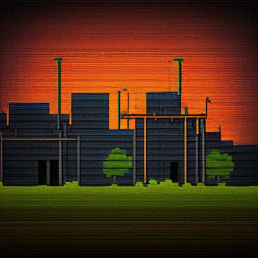 Prompt: pixel art landscape of an abandoned overgrown factory with orange sky, atmospheric