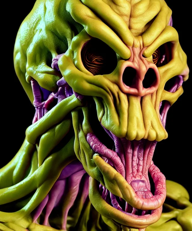 Image similar to hyperrealistic rendering, cronenberg flesh monster skeletor by art of skinner and richard corben and jeff easley, product photography, action figure, sofubi, studio lighting, colored gels