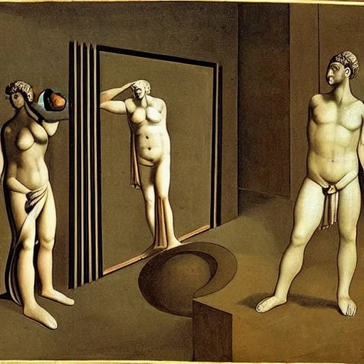 Image similar to a parade of disconnected images : a greek god in formal clothes, obscure corners of nameless interiors, astronomical diagrams projecting the distances between celestial bodies, a painting by giorgio de chirico, a list of unpopular anagrams.