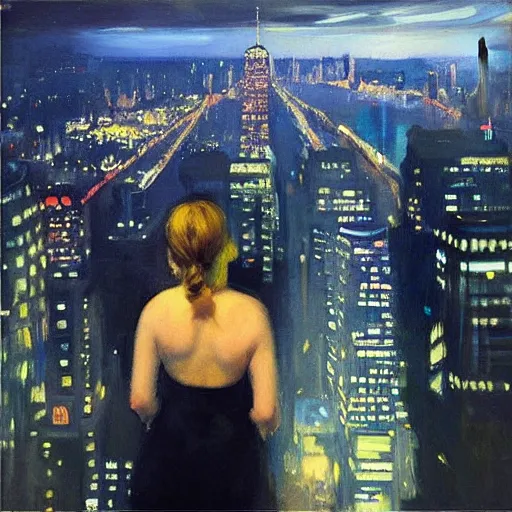 Image similar to “ a girl! looking down at a futuristic new york city below, ghostpunk, detailed face, oil painting, by george bellows ”