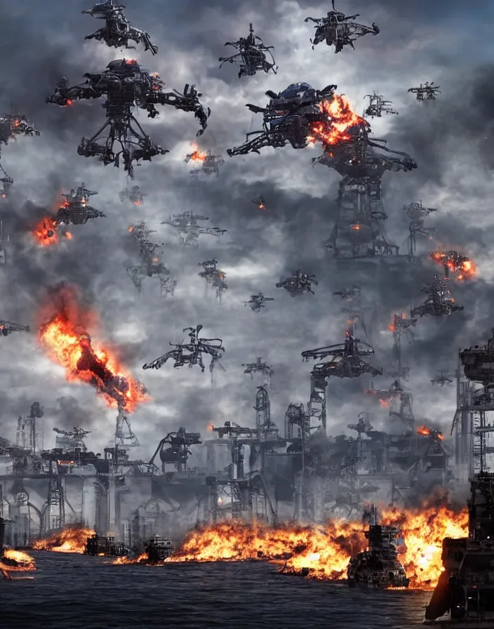 Image similar to giant robotic aliens attacking city, people watch from oil rig platform they have fled the city and watch as it burns, helicopters and fighter jets flying by shooting at the giant robotic aliens, clone army destroying humans in the city, humans vs the robots, in the style of terminator salvation