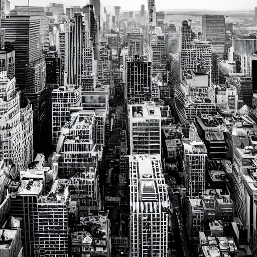 Prompt: busy city street, downtown manhattan, top down, business district, ultra realistic, black and white