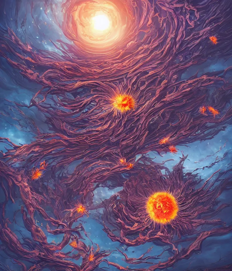 Image similar to impressive ominous cinematic fantastic realism comic book style painting of a spiraling exploding sun launching flowers across the dark cosmos, strange bouquets, lighting impressive masterpiece hyper ultra detailed intricate sharp focus 8 k realistic illustration canon eos r 3 fujifilm x - t 3 0 sony alpha, artgerm colorful!!!, trending on artstation behance cgsociety, octane render nvidia raytracing demo