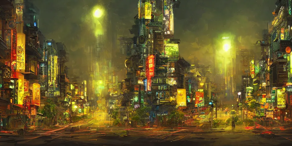 Prompt: Street view of the legendary Biringan city at night with tall gilded towers, green lights, populated by Filipino mythological creatures, concept art, artstation