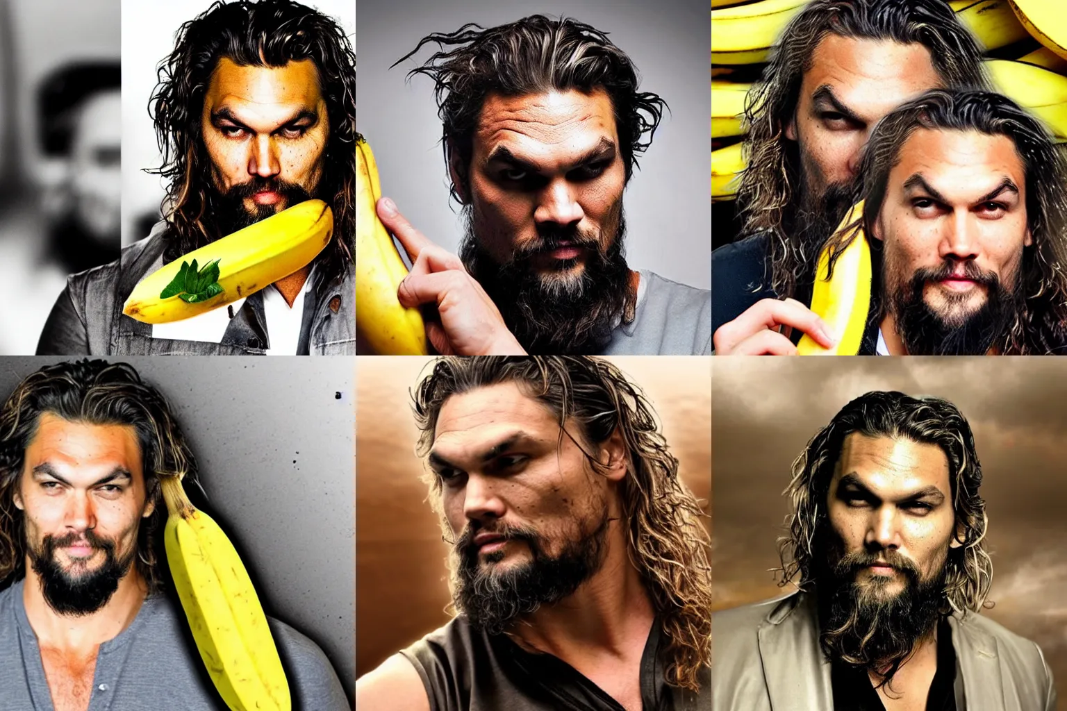 Prompt: jereme momoa's head on a banana.