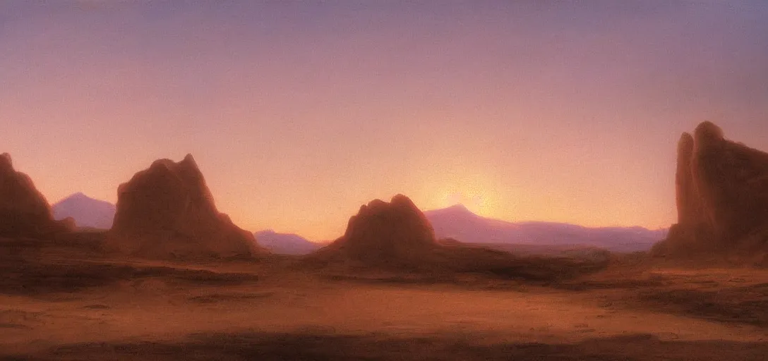 Prompt: beacons of soft light drifting above a desert, classical landscape painting, oil paints, highly detailed, late evening with pink light on the horizon