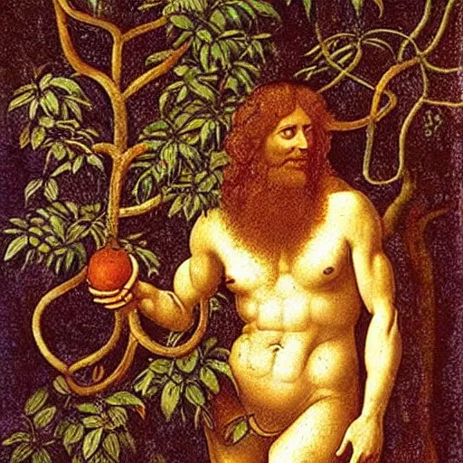 Image similar to the snake in the garden of eden holding a golden apple in its hand, coiled around a tree. painted by leonardo davinci