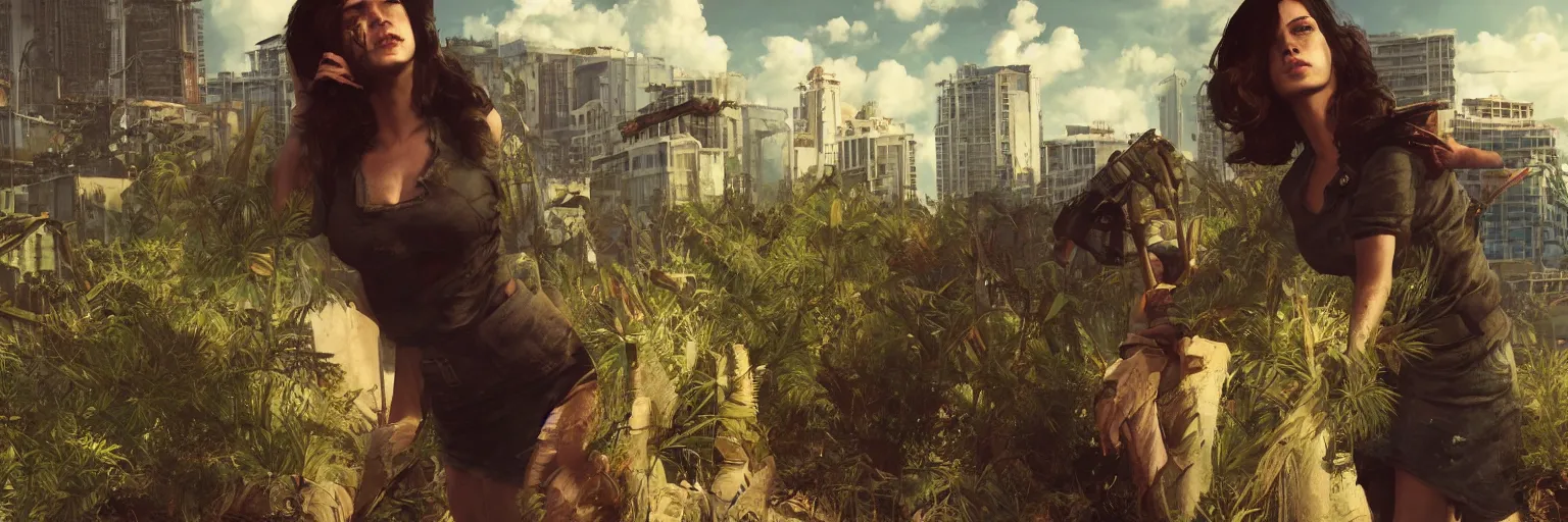 Image similar to fallout 5 : miami, charismatic beautiful rugged brunette female protagonist and companion, portrait, outdoors ruined tropical cityscape, atmospheric lighting, painted, intricate, volumetric lighting, beautiful, summer, sunny weather, few clouds, sharp focus, deep colours, ultra detailed, by leesha hannigan, ross tran, thierry doizon, kai carpenter, ignacio fernandez rios