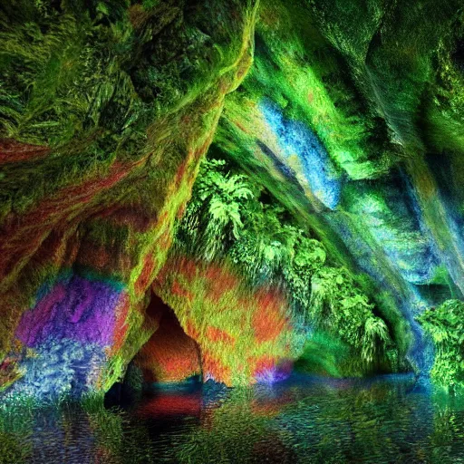Prompt: rainbow colored caves lead to a rainforest, highly detailed digital art, artstation, cfg = 1 2