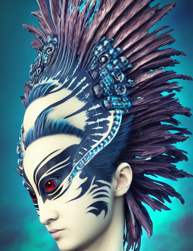 Image similar to 3 d goddess close - up profile simple portrait punk with mohawk with tiger skull. beautiful intricately detailed japanese crow kitsune mask and clasical japanese kimono. betta fish, jellyfish phoenix, bio luminescent, plasma, ice, water, wind, creature, artwork by tooth wu and wlop and beeple and greg rutkowski